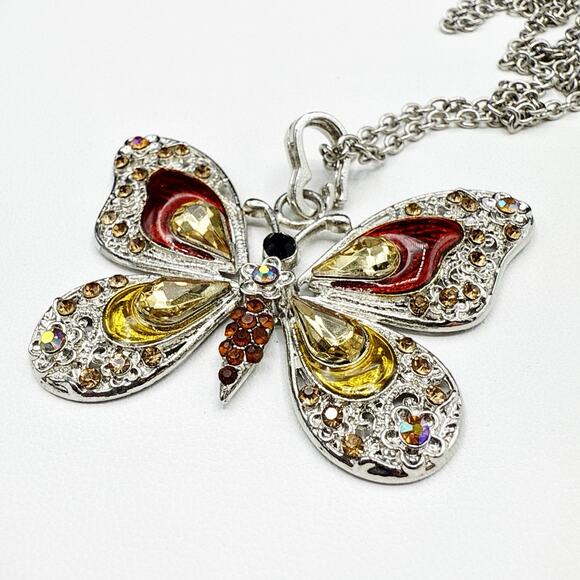 Butterfly Necklace 27" Acrylic Red Yellow Crystal Pendant Silver Tone Long Chain - Picture 4 of 7